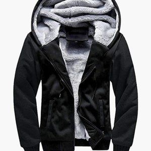 Hoodie Men Fleece Sweatshirt Winter Jacket Zip Up Thick Sherpa Lined-Black